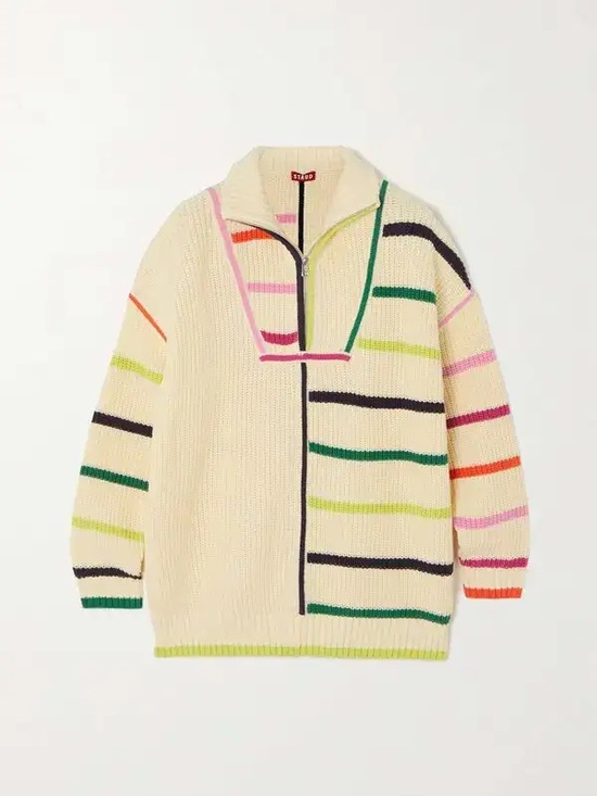 STAUD Sweaters - STAUD Cream Striped Half-Zip Turtleneck Sweater